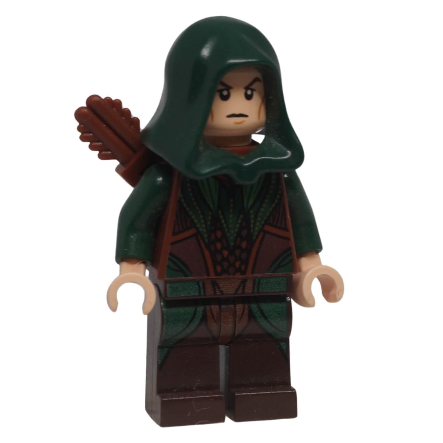 Angled front view of Mirkwood Elf Archer minifigure lor078 with hood and printed clothing
