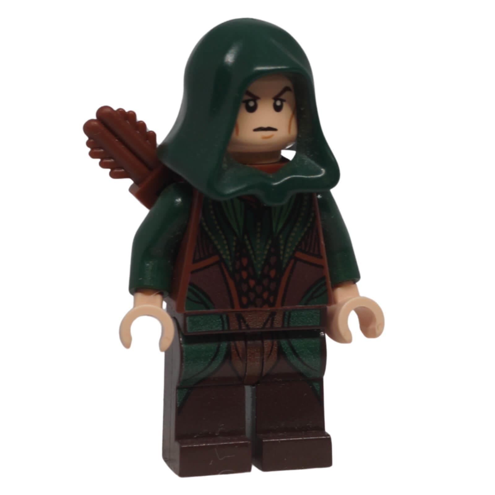 Angled front view of Mirkwood Elf Archer minifigure lor078 with hood and printed clothing