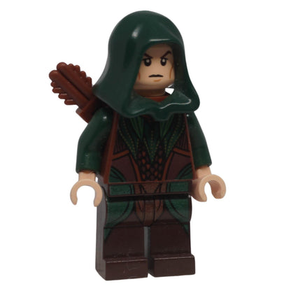 Angled front view of Mirkwood Elf Archer minifigure lor078 with hood and printed clothing