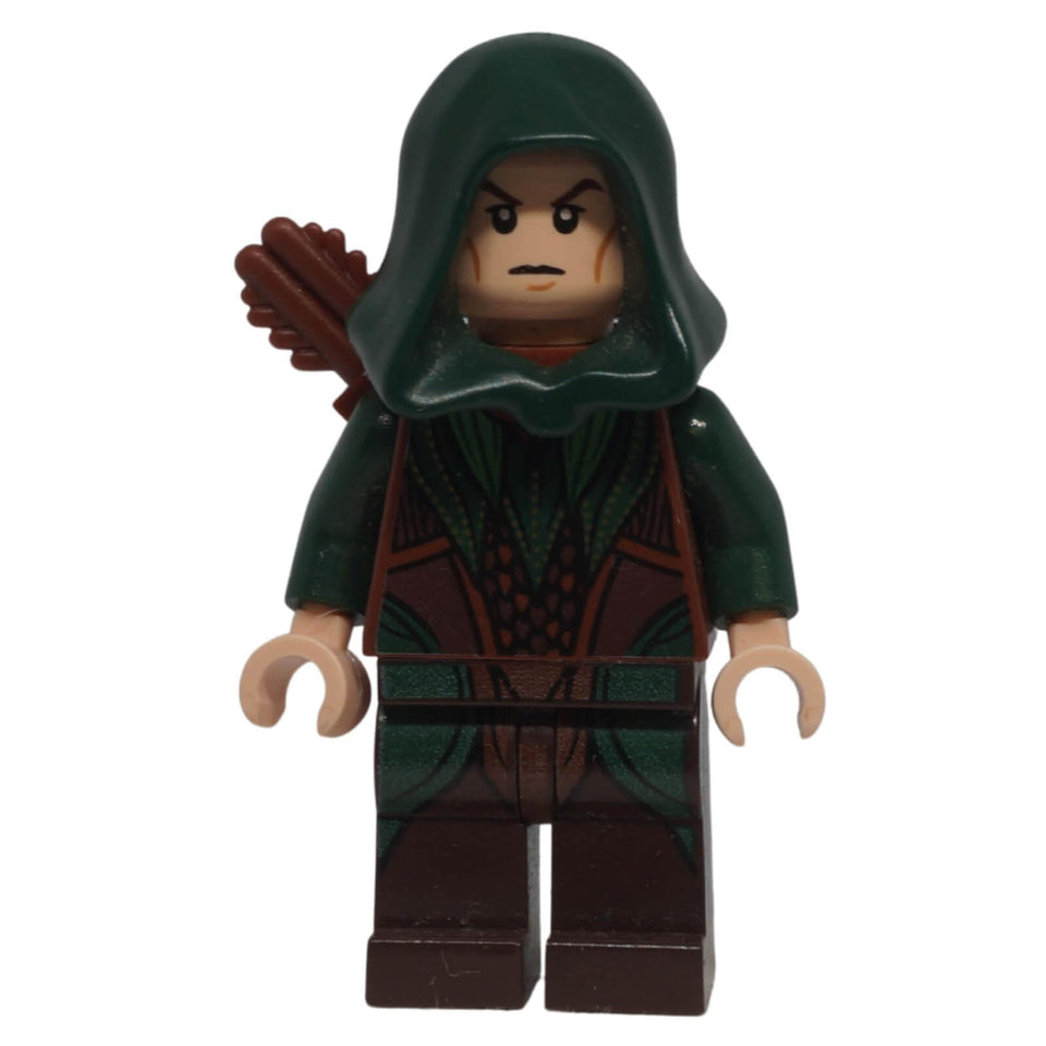 Front view of Mirkwood Elf Archer minifigure lor078 with dark green hood and reddish brown quiver