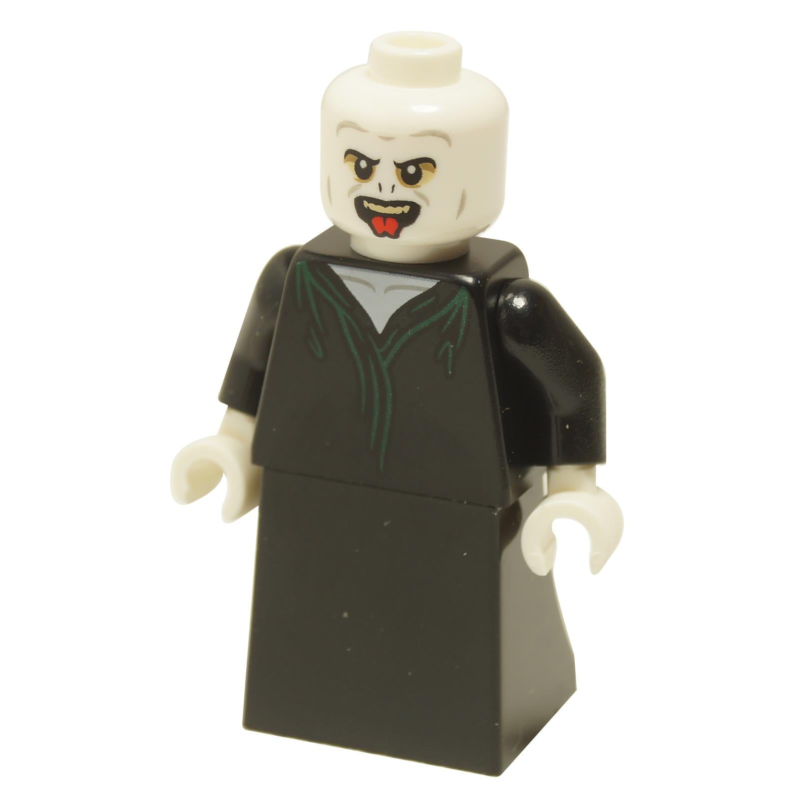 LEGO minifigure representing Lord Voldemort with a white head, black skirt, and a menacing expression.