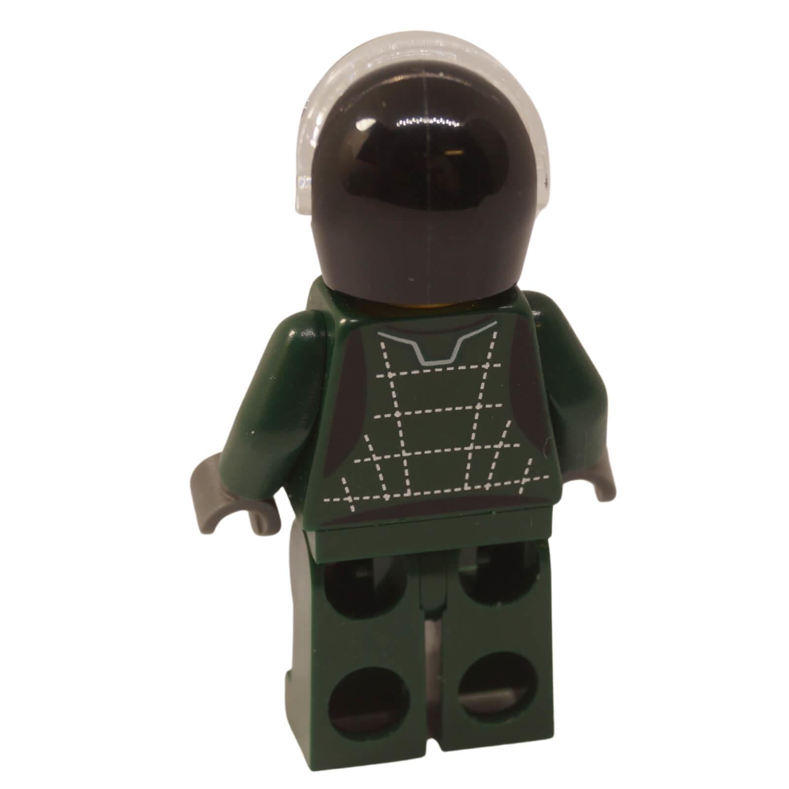 Lotus Evija driver minifigure back view showing dark green suit with printed panel lines and black helmet
