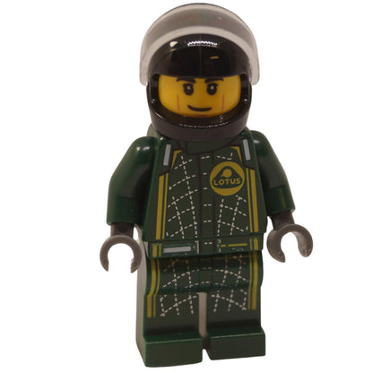 Lotus Evija driver minifigure front view with dark green racing suit, helmet with clear visor, and printed chest details
