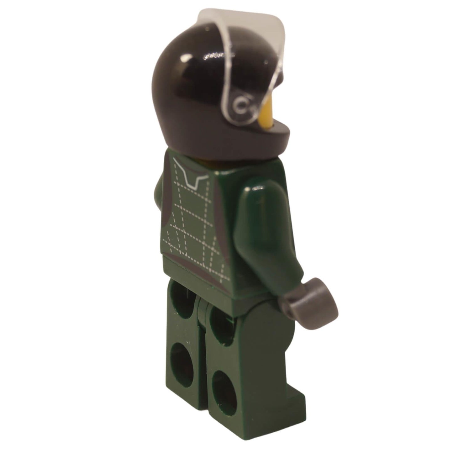 Lotus Evija driver minifigure side view showing dark green suit, gray gloves, and black helmet with clear visor
