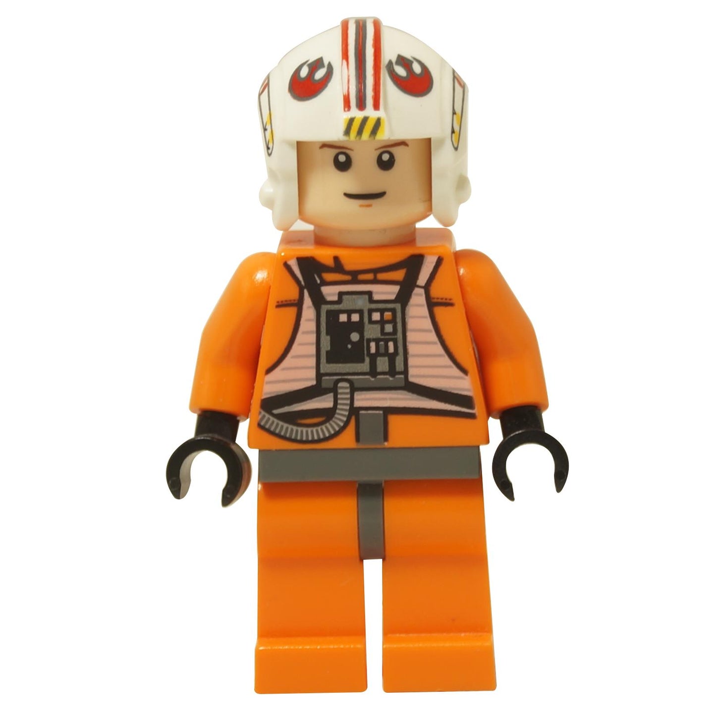 LEGO Star Wars minifigure of Luke Skywalker in X-Wing Pilot suit with orange flight suit and white helmet featuring Rebel Alliance insignia.
