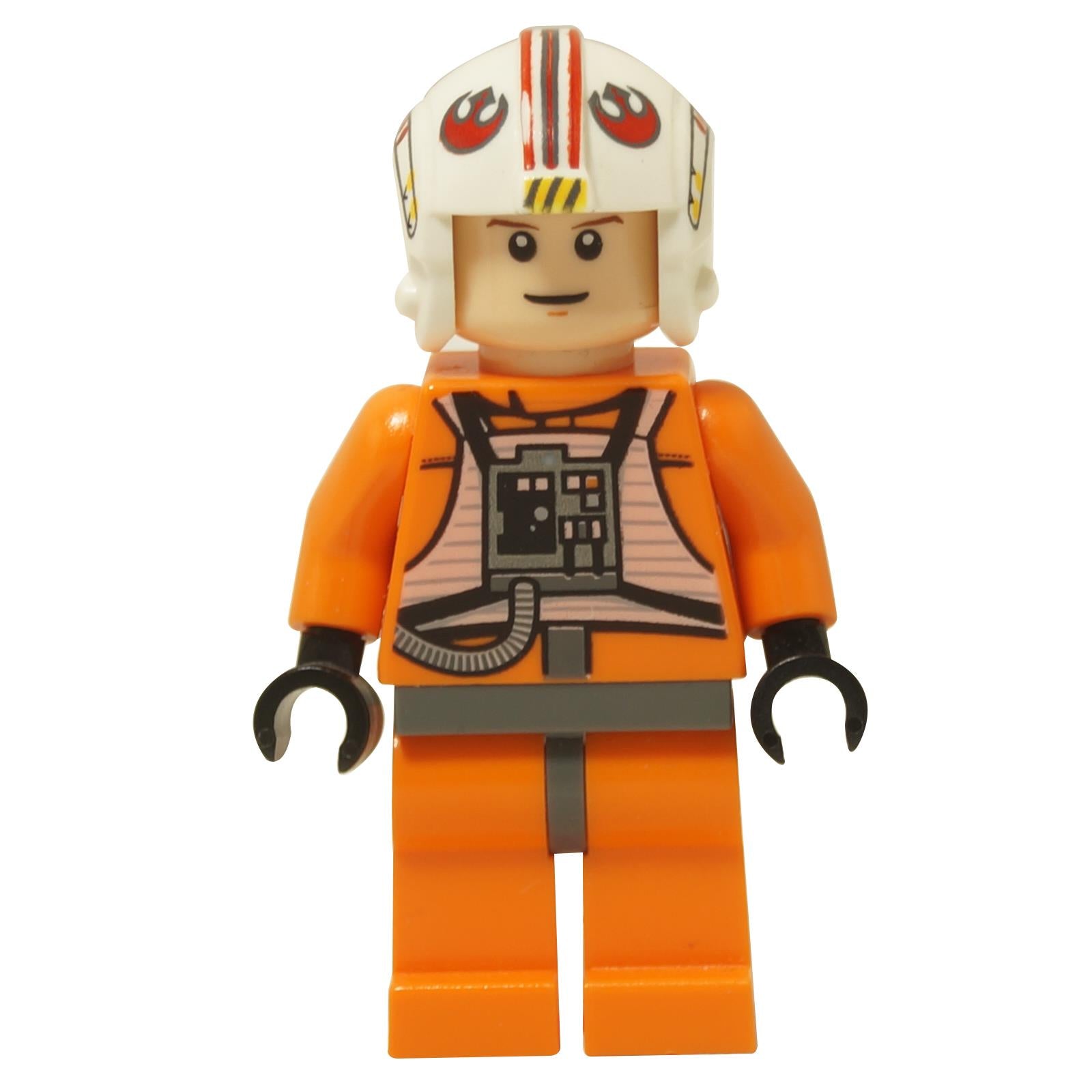 LEGO Star Wars minifigure of Luke Skywalker in X-Wing Pilot suit with orange flight suit and white helmet featuring Rebel Alliance insignia.