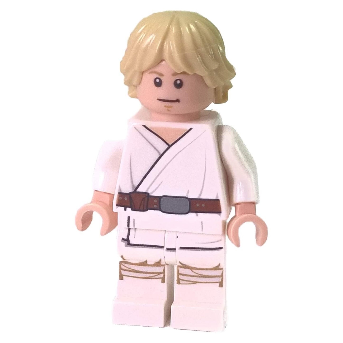 LEGO minifigure of Luke Skywalker from Tatooine with white legs and a dual-sided face print, wearing his classic white outfit with a brown belt.