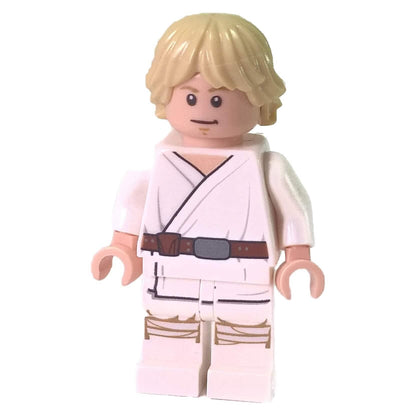 LEGO minifigure of Luke Skywalker from Tatooine with white legs and a dual-sided face print, wearing his classic white outfit with a brown belt.