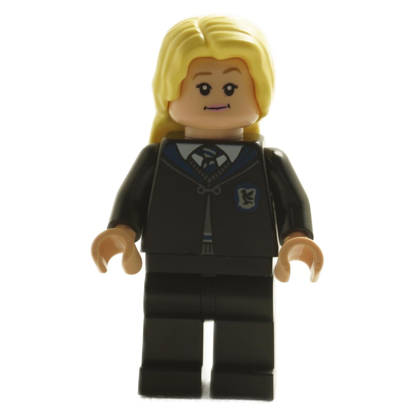 Front view of Luna Lovegood minifigure hp403 with blonde hair and Hogwarts uniform featuring Ravenclaw crest
