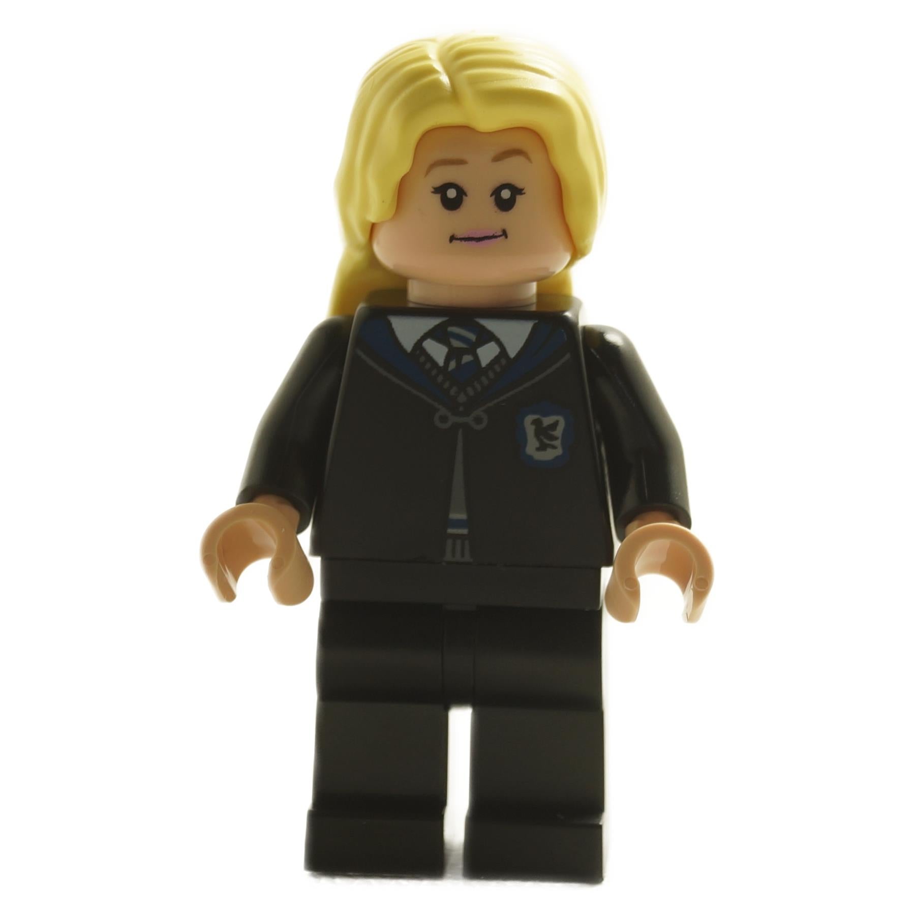 Front view of Luna Lovegood minifigure hp403 with blonde hair and Hogwarts uniform featuring Ravenclaw crest