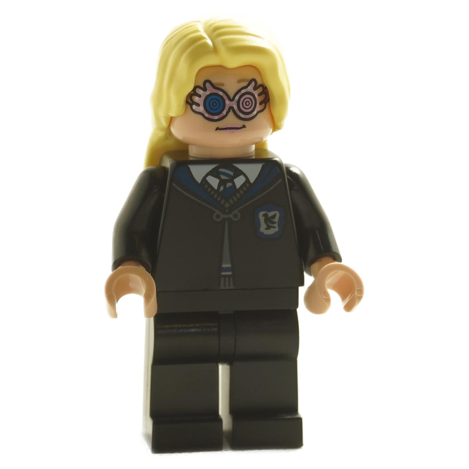 LEGO minifigure of Luna Lovegood from the Harry Potter series, featuring a black Ravenclaw robe and a dual-sided head with different expressions.