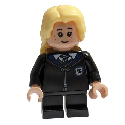 LEGO Harry Potter Luna Lovegood minifigure shown from the front. She is wearing her black Ravenclaw school robe and has a gentle, smiling expression.