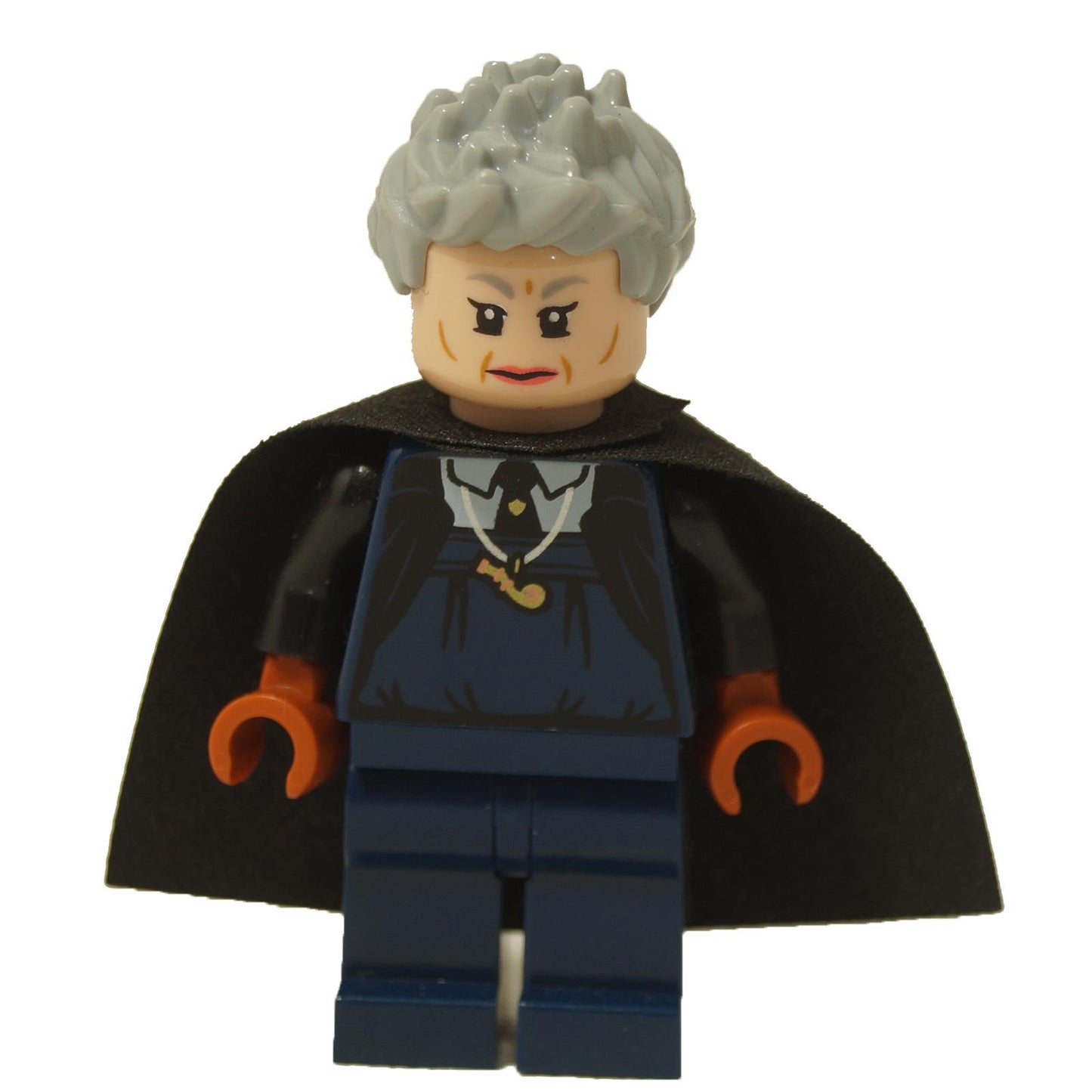  Minifigura de LEGO Harry Potter Madam Hooch (hp296) con su cabeza de doble cara, mostrando tanto su cara regular como su cara con gafas de Quidditch amarillas.