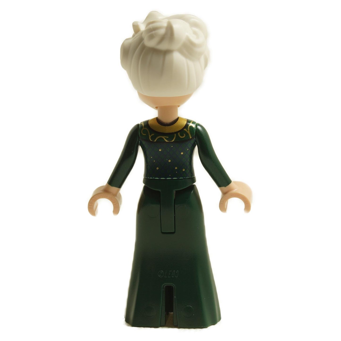 Back view of LEGO® Madame Morrible mini-doll wck006 with dark green dress and white hair in a bun
