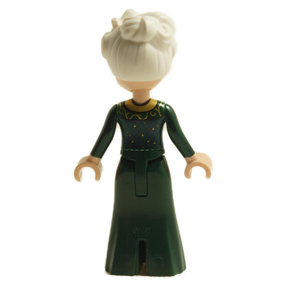 Back view of LEGO® Madame Morrible mini-doll wck006 with dark green dress and white hair in a bun
