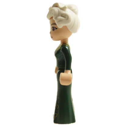 Side view of LEGO® Madame Morrible mini-doll wck006 with dark green dress and white hair styled in a bun
