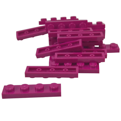 Magenta 1x4 plate building piece with four studs for detailed minifigure scale builds

