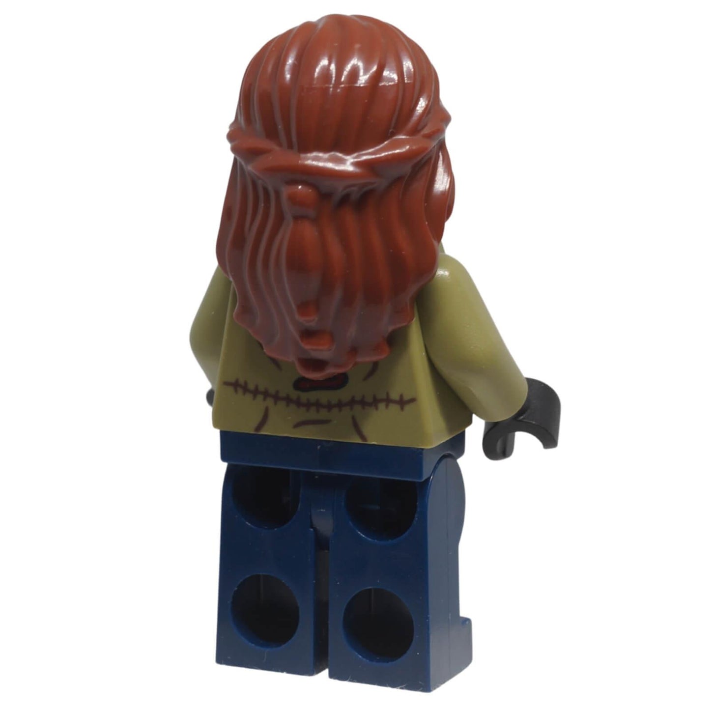 Rear view of LEGO® Maisie Lockwood minifigure jw088 showing the back torso print and long reddish brown hair.