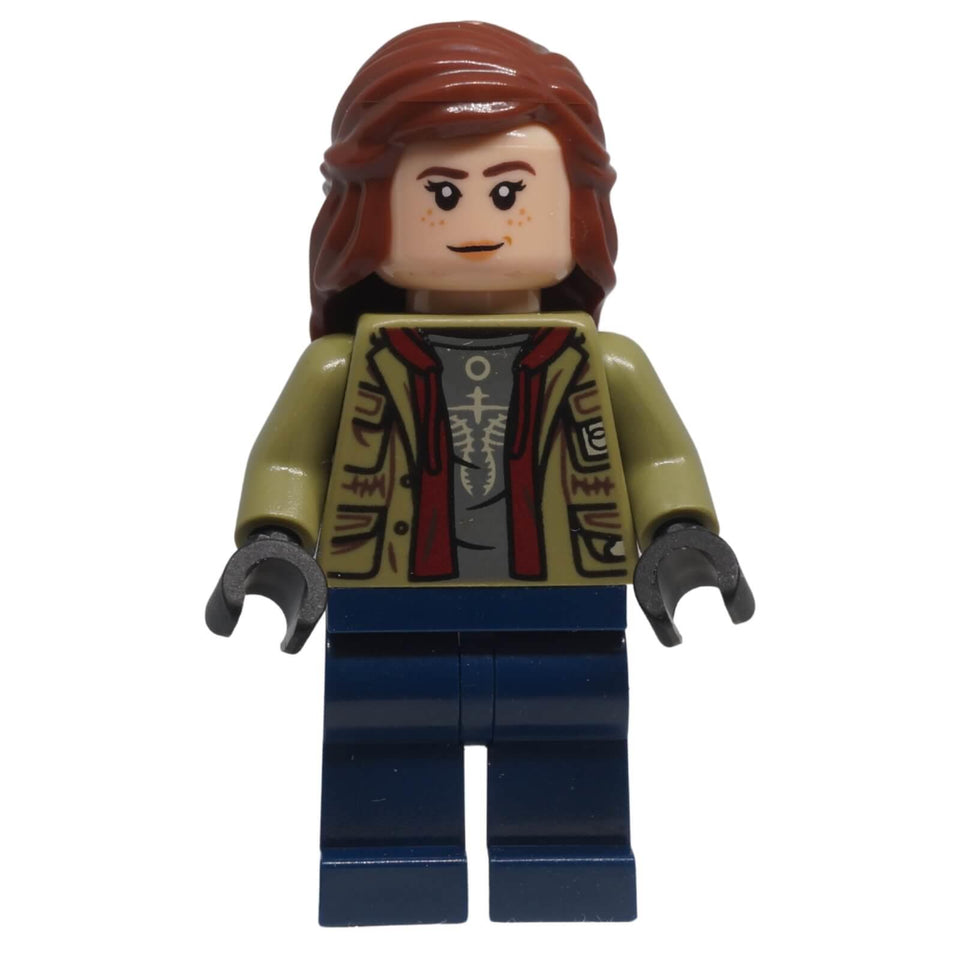Front view of LEGO® Maisie Lockwood minifigure jw088 with smiling expression.