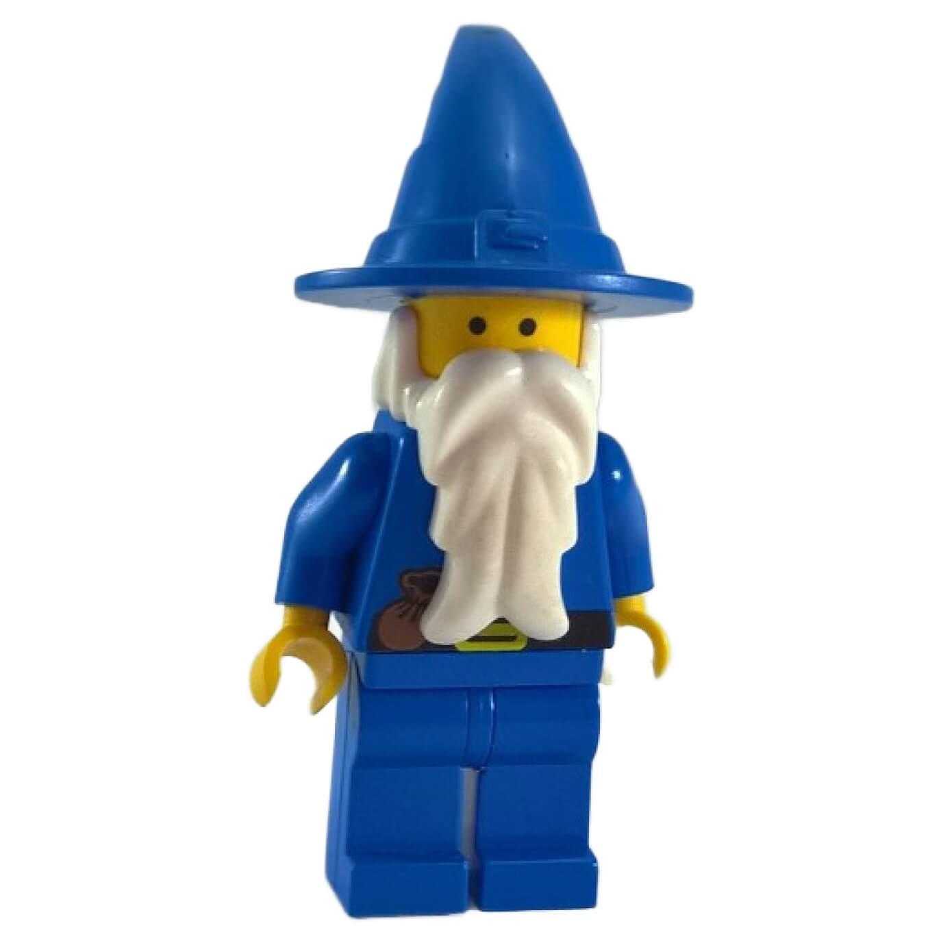 A LEGO minifigure of a wizard with a blue robe and pointed hat, and a detailed white beard.