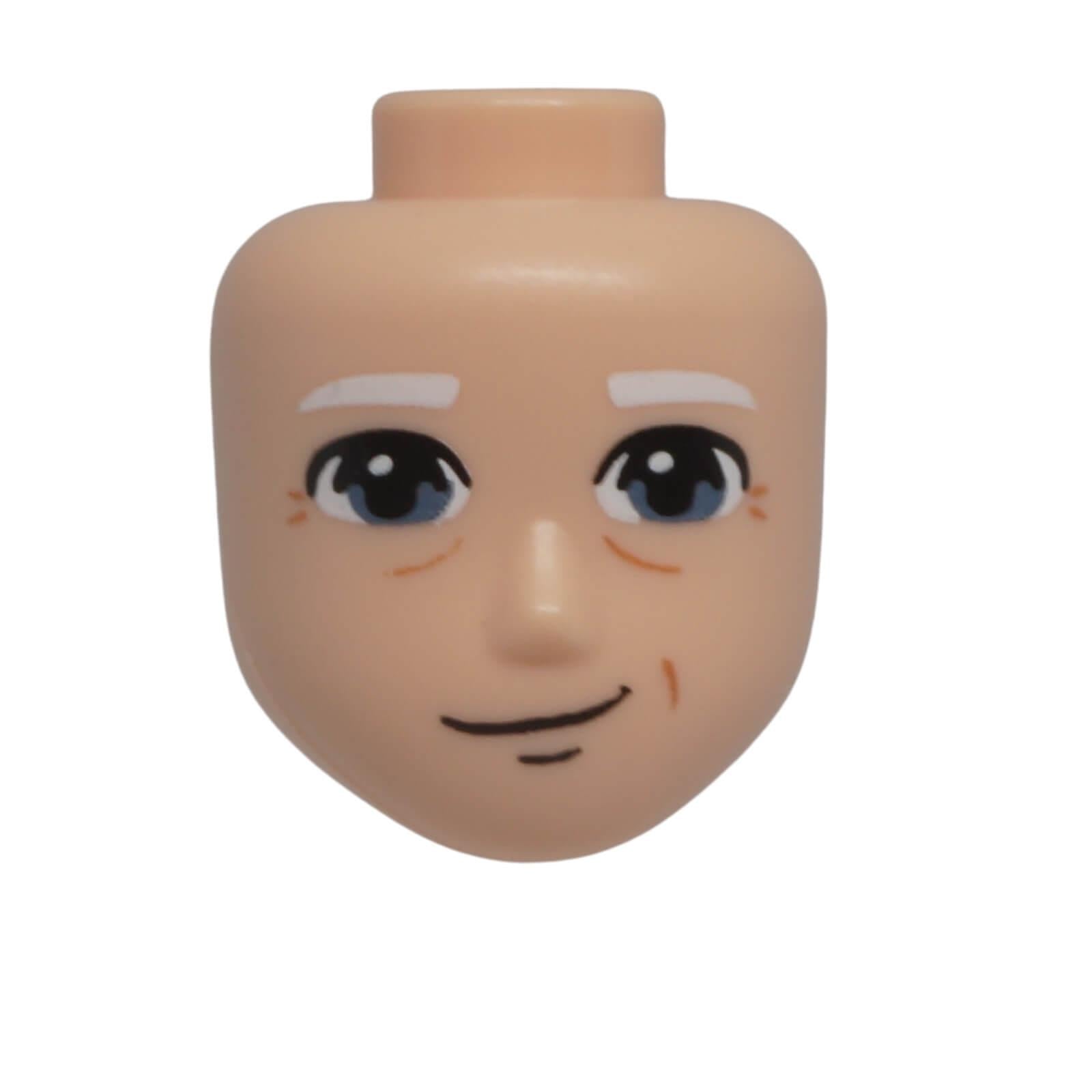 LEGO® Friends male mini-doll head 72433 with sand blue eyes, white eyebrows and a lopsided smile.