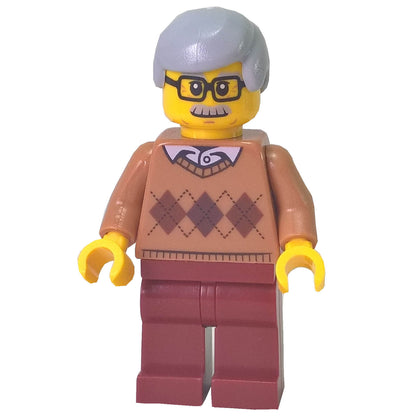 LEGO city male minifigure argyle sweater glasses moustache grey hair cty0786
