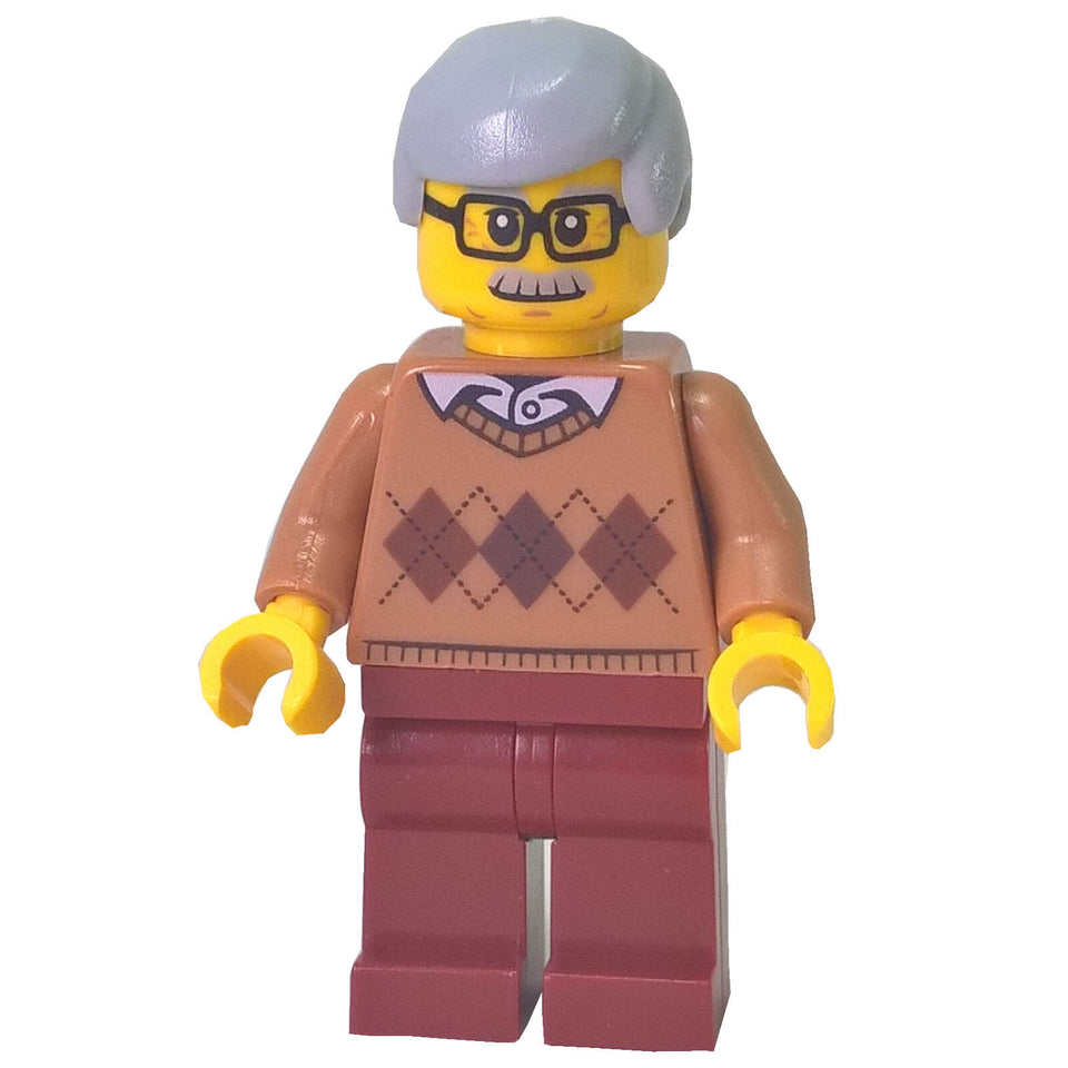LEGO city male minifigure argyle sweater glasses moustache grey hair cty0786