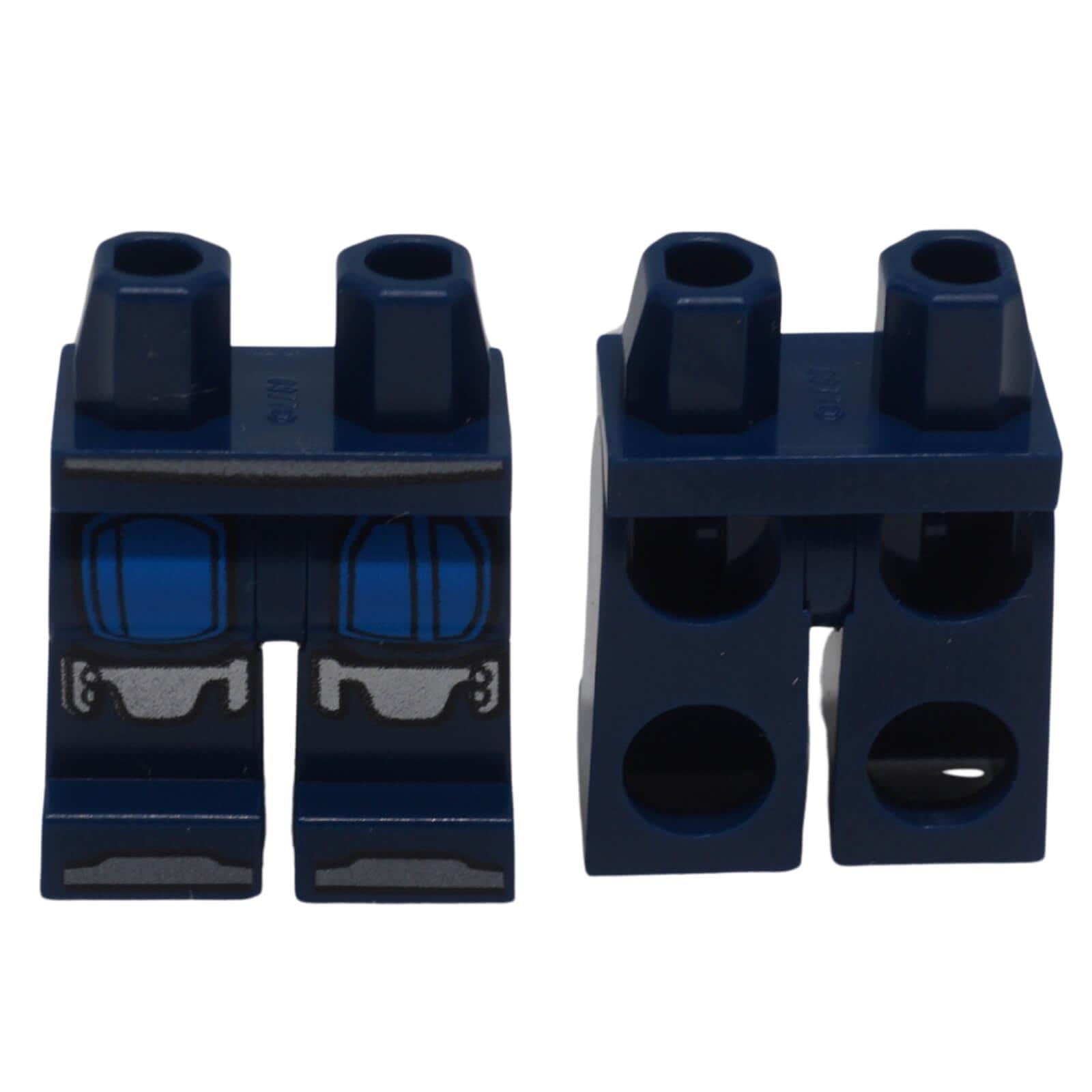LEGO® printed minifigure hips and legs 970c00pb1494 with Mandalorian silver and blue Beskar armour pattern, front and back views