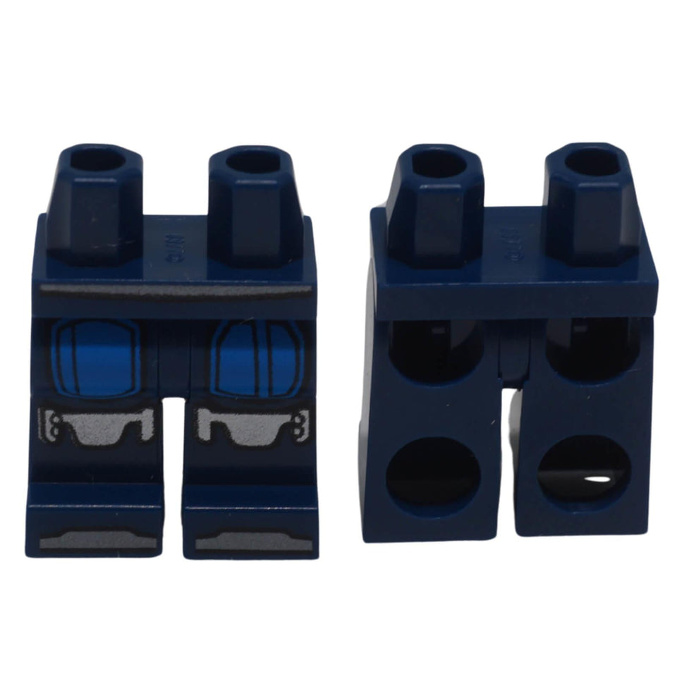 LEGO® printed minifigure hips and legs 970c00pb1494 with Mandalorian silver and blue Beskar armour pattern, front and back views