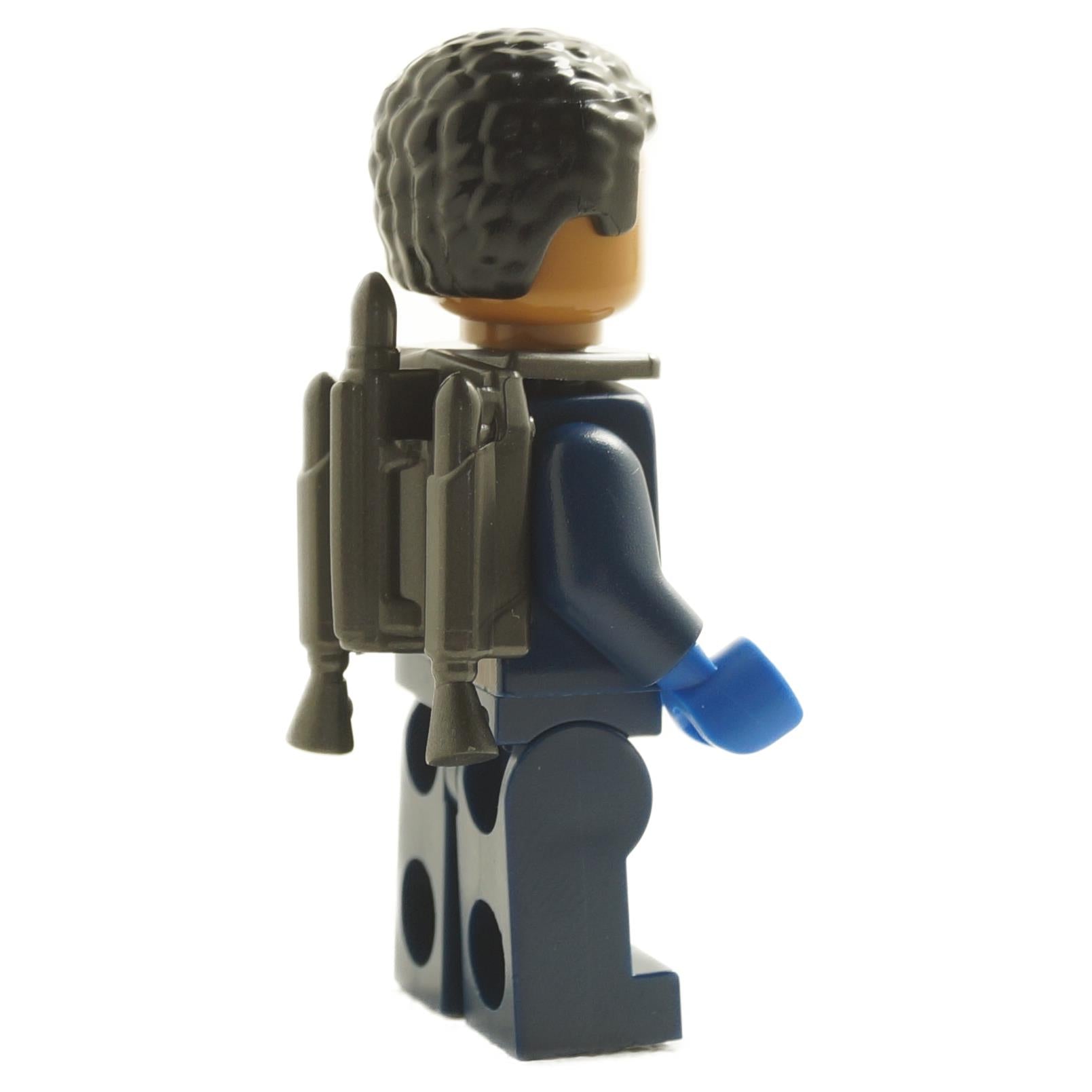 Rear angled view of Mandalorian Fleet Commander minifigure sw1259 with dark hair and jetpack accessory