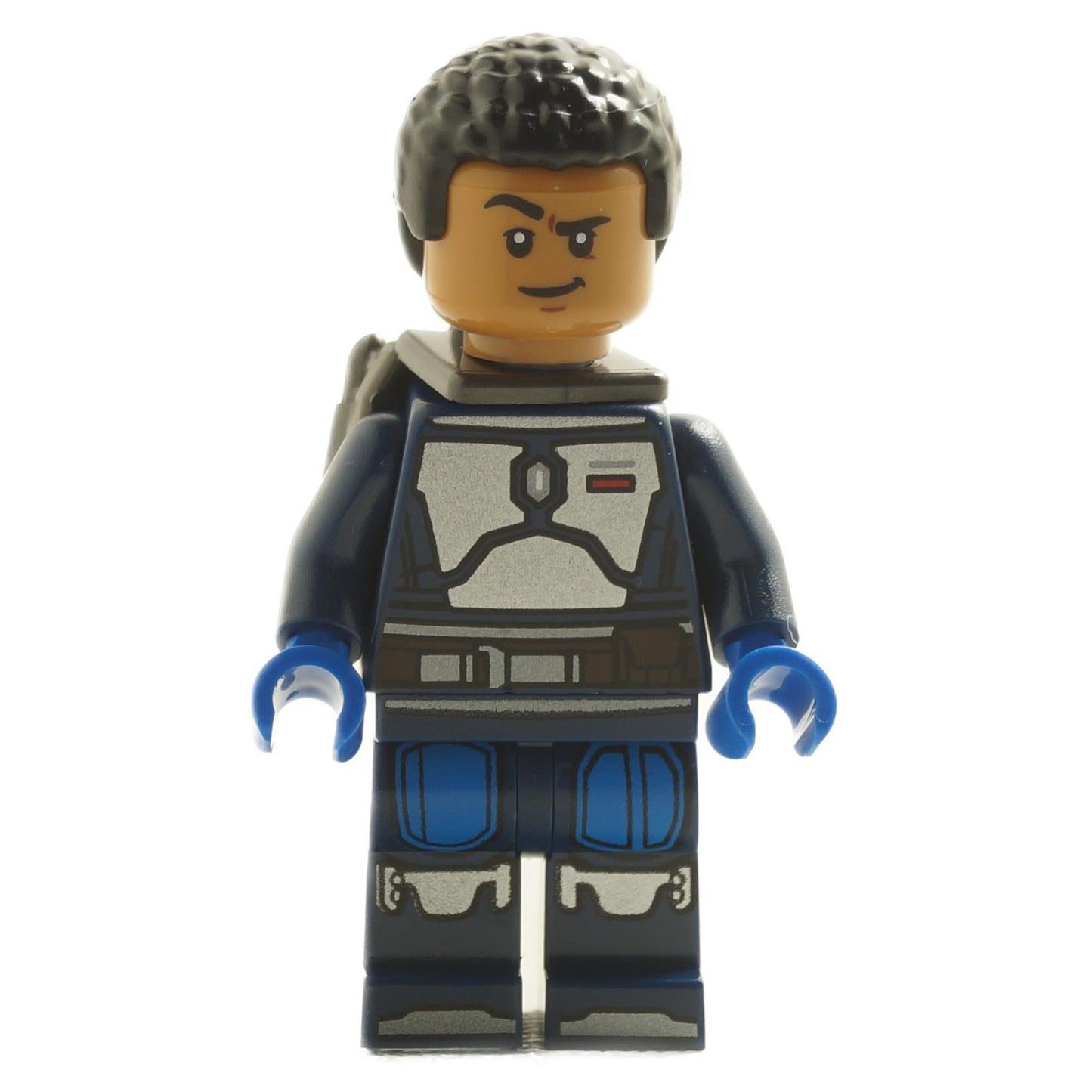 LEGO Star Wars Mandalorian Fleet Commander Minifigure with blue and gray armor, black pants, and brown hair.