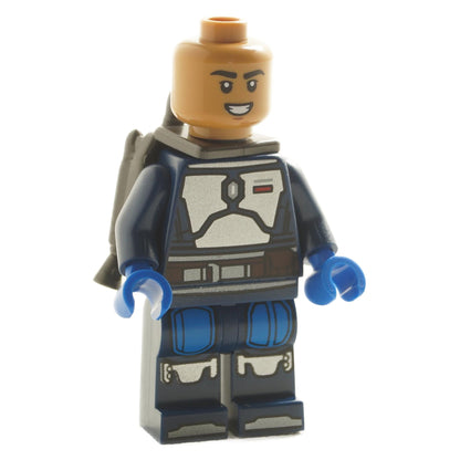 Angled front view of Mandalorian Fleet Commander minifigure sw1259 without hair, showing gray chest armor print and blue-accented legs