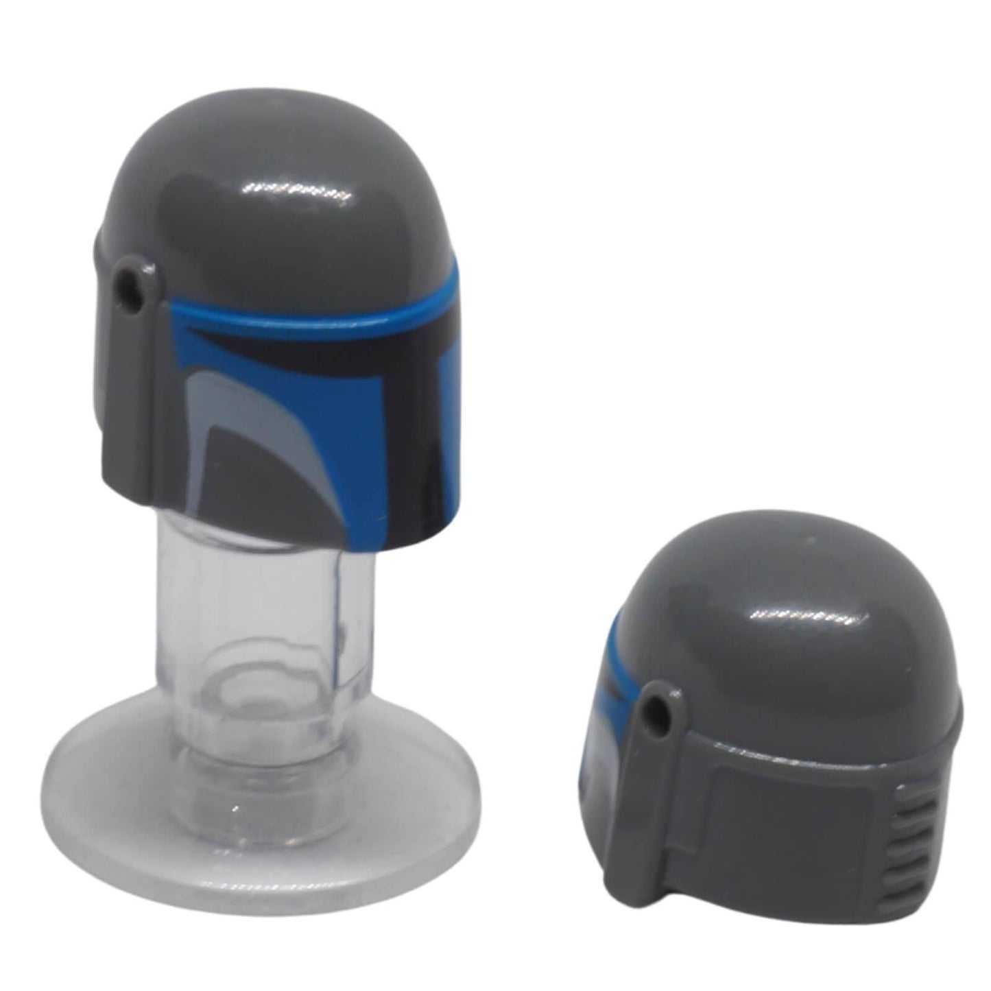 LEGO® Mandalorian helmet 87610pb02 in dark bluish grey with a blue and white printed visor, shown from front and rear.