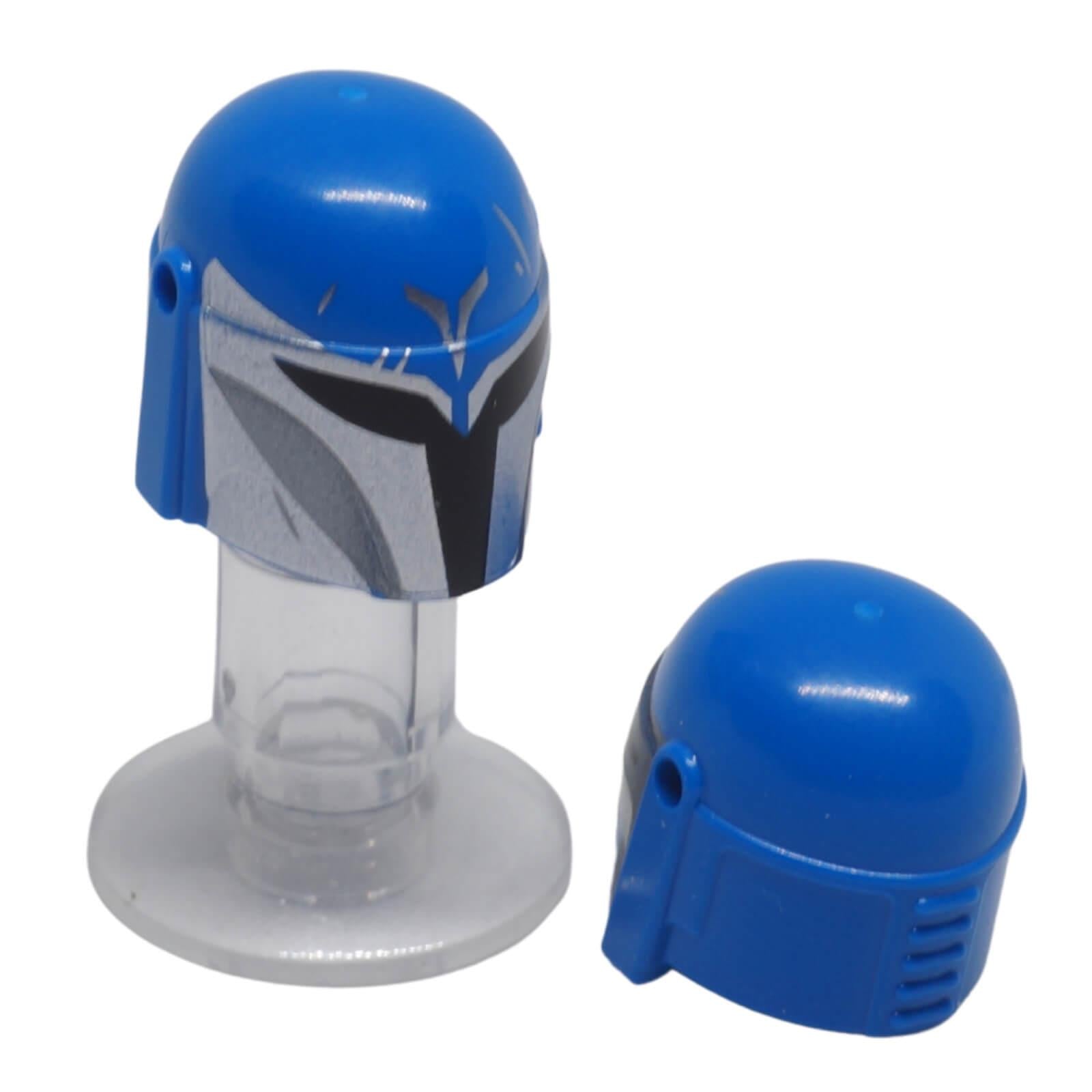 LEGO® Mandalorian helmet 87610pb25 in blue with a silver printed front, black visor and side accessory holes, shown from front and rear.