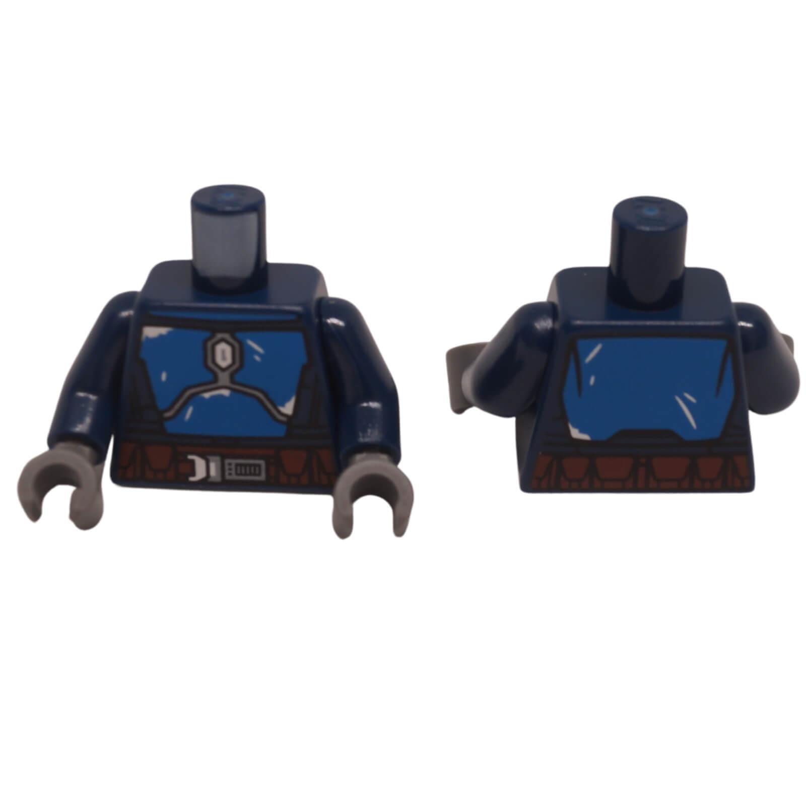 LEGO Star Wars Mandalorian torso with blue Beskar armor, brown belt with pouches, and dark silver buckle.