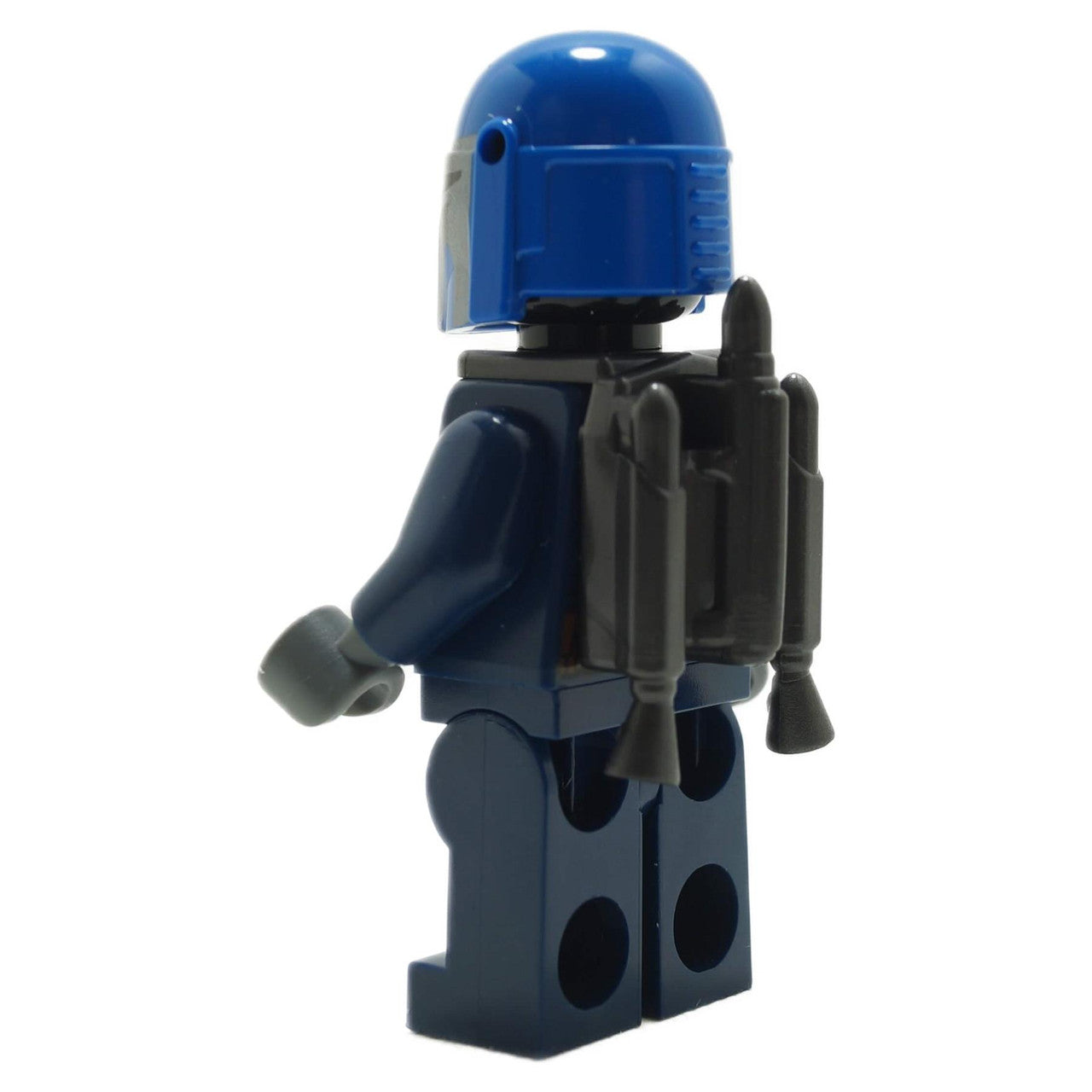 Rear view of blue Mandalorian Warrior sw1345 with a black jetpack.