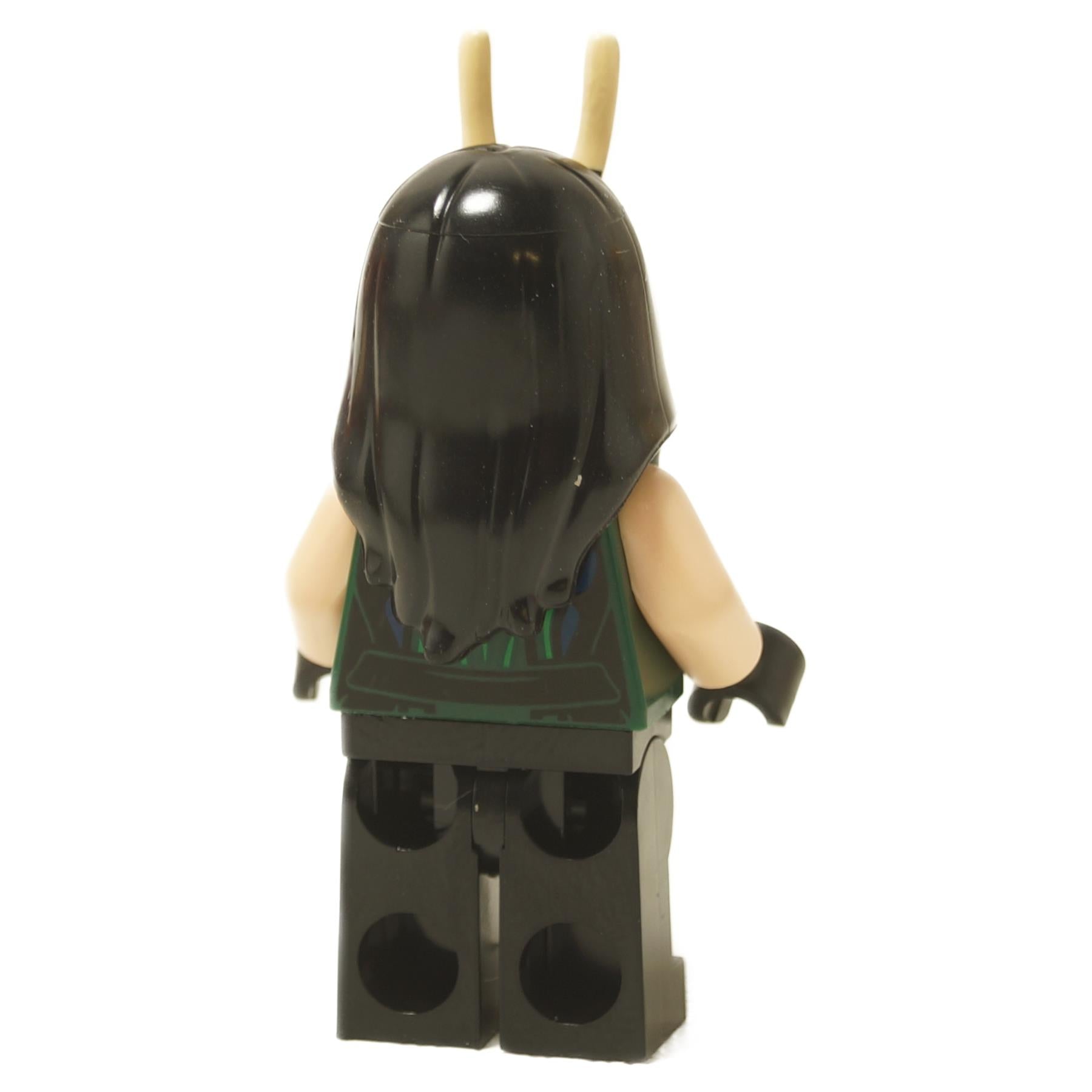Back view of Mantis minifigure with black hair, antenna headpiece and green vest torso
