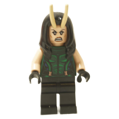 Mantis minifigure with black hair, green vest torso, black legs and antenna headpiece
