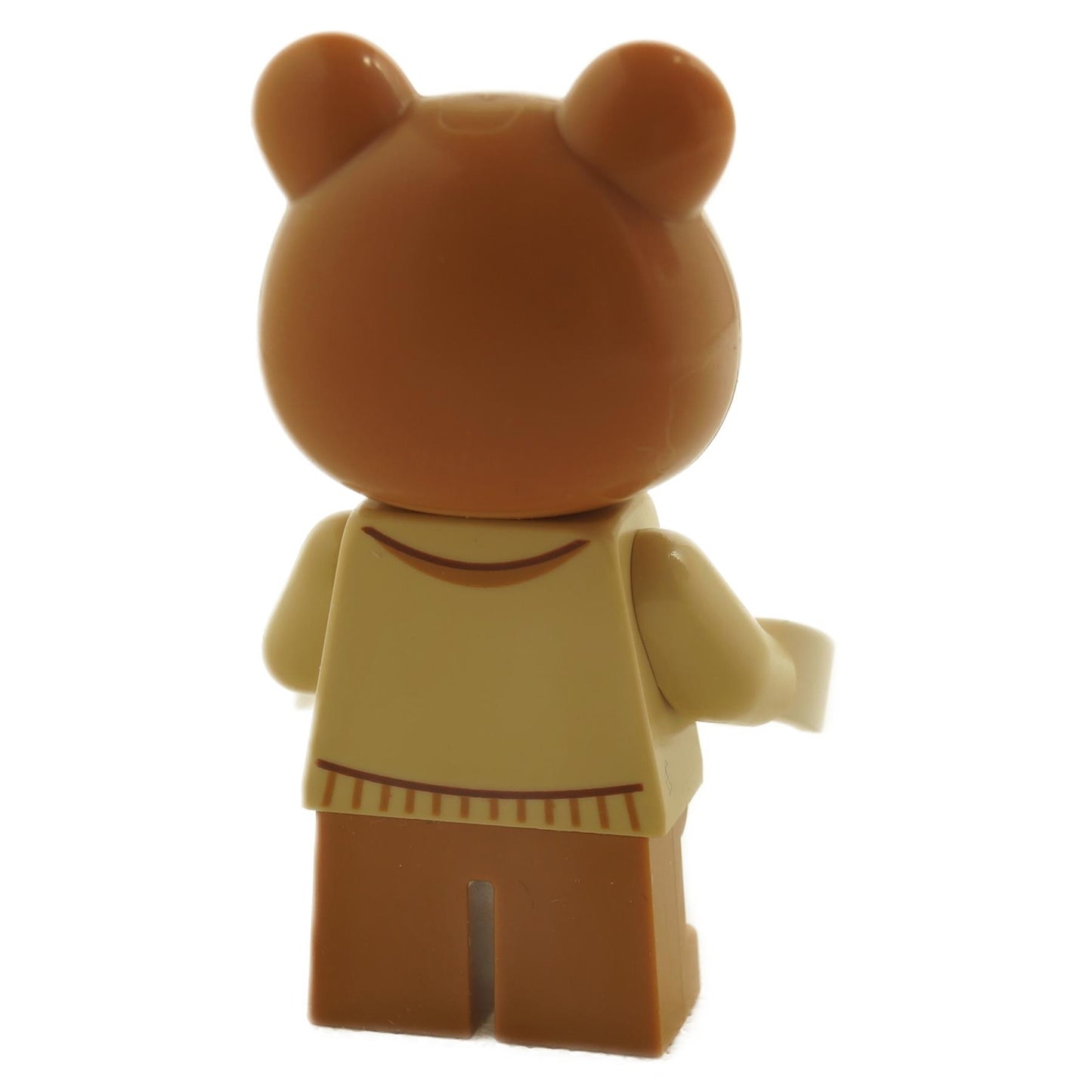Back view of LEGO Maple minifigure ani007 from Animal Crossing showing bear head and tan sweater