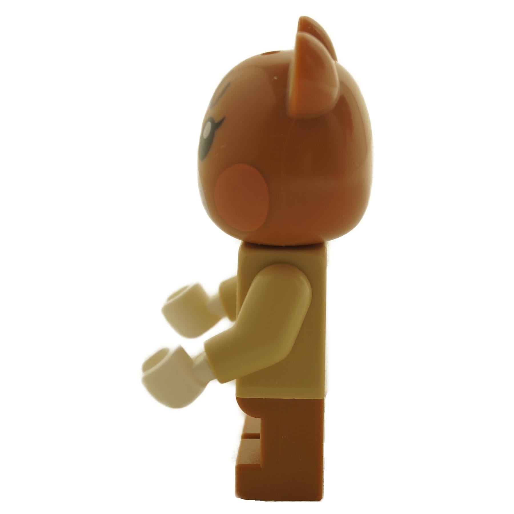Side view of LEGO Maple minifigure ani007 from Animal Crossing with bear head and tan sweater