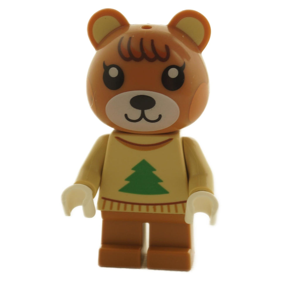 LEGO minifigure of Maple from Animal Crossing, designed as a bear with a brown fur color, wearing a green and beige sweater with a Christmas tree motif.