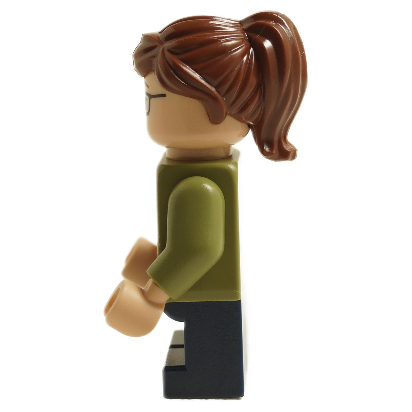 Side view of LEGO Margo minifigure mnn031 with glasses, brown ponytail and olive jacket