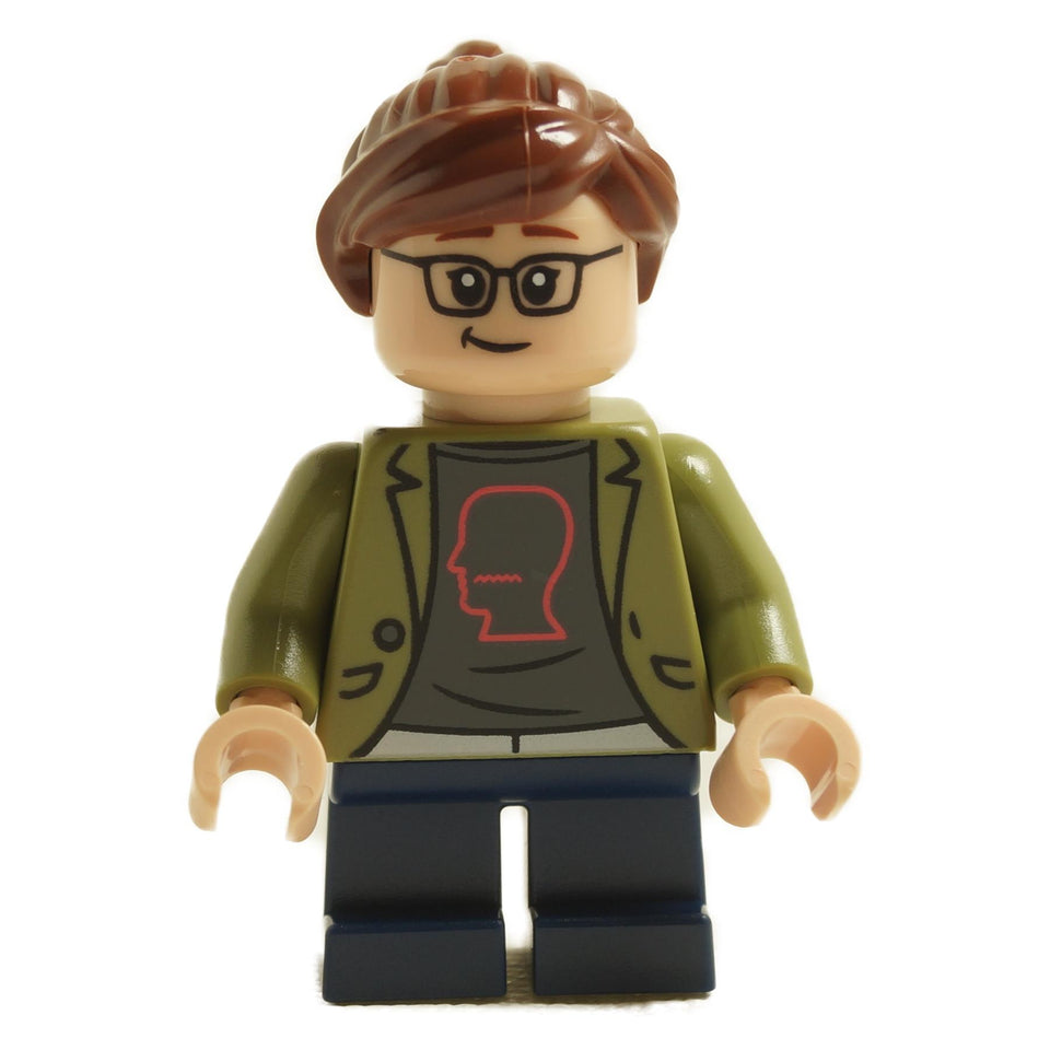 LEGO minifigure of Margo from the Despicable Me franchise, featuring an olive jacket, black graphic tee, glasses, and brown hair.