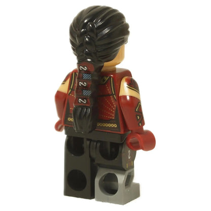 Back view Echo Marvel minifigure in red tactical suit with long black braided hair
