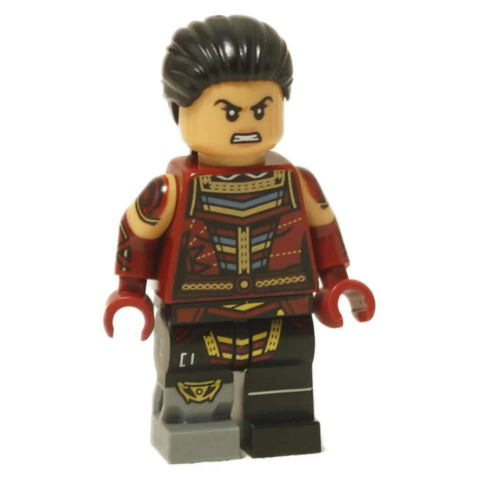Echo Marvel minifigure in red tactical suit with black hair and angry determined expression
