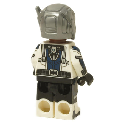 Back view Goliath Marvel minifigure in white and blue armored suit with silver helmet
