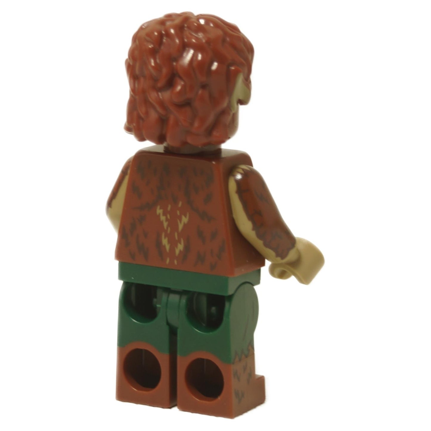 Back view Marvel werewolf minifigure with brown fur torso and green torn pants
