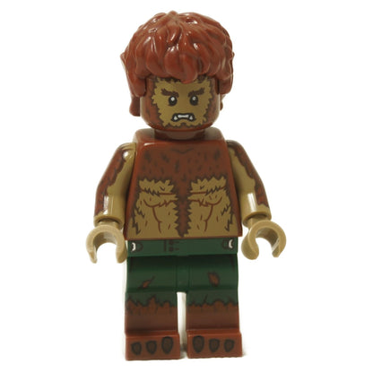 Marvel werewolf minifigure with brown fur torso, green torn pants and angry fanged expression
