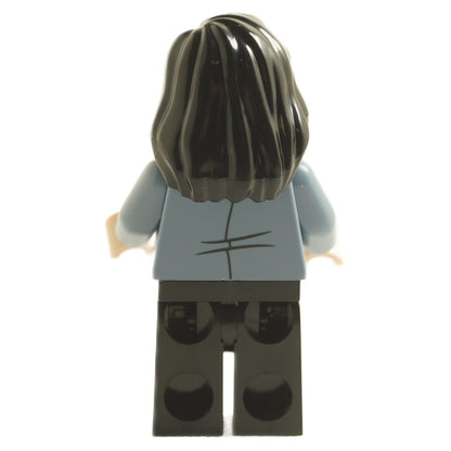 Rear view of Mary Cattermole minifigure hp344 with long dark hair and light blue jacket
