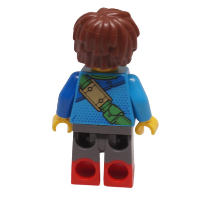 LEGO Mateo minifigure drm041 in a dark azure robe with a green hourglass belt and red boots, back view.